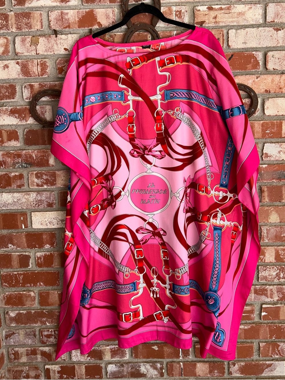 California Caftans Pink Silk Scarf-Style Tunic with Equestrian Print
